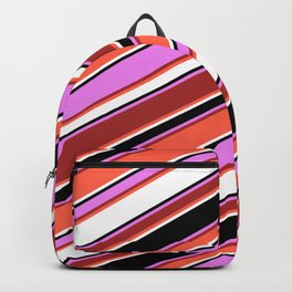 [ Thumbnail: Eye-catching Violet, Brown, Red, White & Black Colored Striped/Lined Pattern Backpack ]