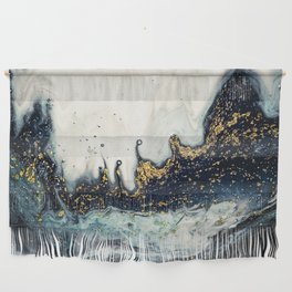 Inky Black + White + Gold Spatter Abstract Waves Wall Hanging