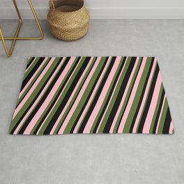 [ Thumbnail: Pink, Dark Olive Green & Black Colored Stripes Pattern Rug ]