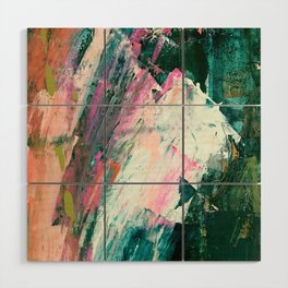Meditate [2]: a vibrant, colorful abstract piece in bright green, teal, pink, orange, and white Wood Wall Art