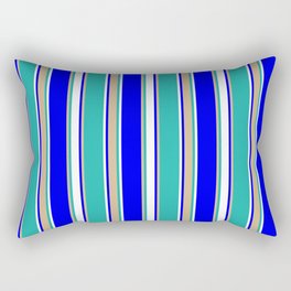 [ Thumbnail: Blue, Tan, Light Sea Green, and White Colored Striped Pattern Rectangular Pillow ]