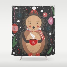 Merry Christmas Hedgehog with a cup of Coffee Shower Curtain