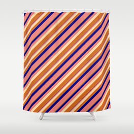 [ Thumbnail: Blue, Light Coral, Tan & Chocolate Colored Lined/Striped Pattern Shower Curtain ]