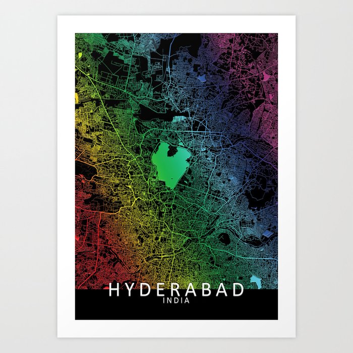 Hyderabad, India, City, Map, Rainbow, Map, Art, Print Art Print by City