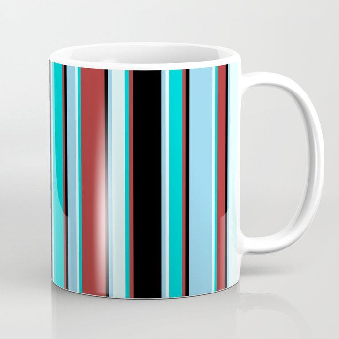 Brown, Dark Turquoise, Light Cyan, Sky Blue, and Black Colored Lines/Stripes Pattern Coffee Mug