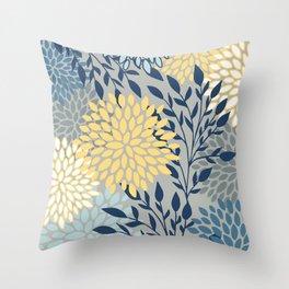 Festive, Floral Prints and Leaves, Yellow, Gray, Navy Blue, Teal Throw Pillow