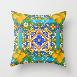 Summer ,Sicilian tiles ,citrus,lemons Mediterranean Pattern  Throw Pillow