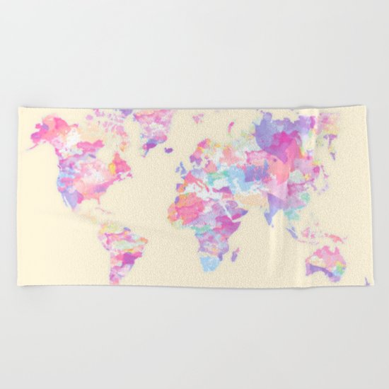 Watercolor Earth on Yellow Pastel (World Travel Wanderlust) Beach Towel
