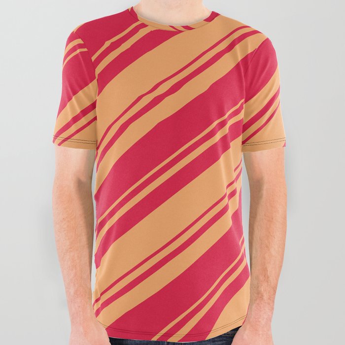 Brown and Crimson Colored Stripes/Lines Pattern All Over Graphic Tee