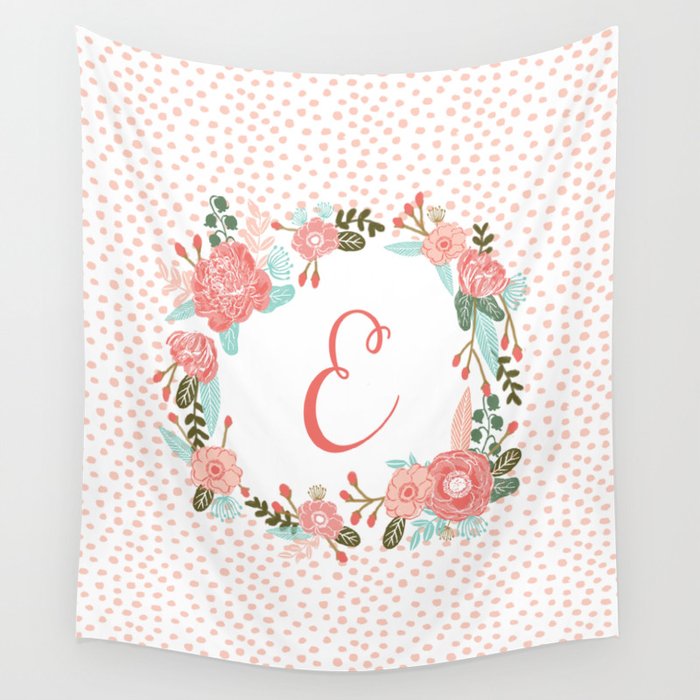 Monogram E - cute girls coral florals flower wreath, coral florals, baby girl, baby blanket Wall Tapestry
