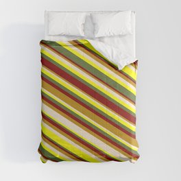 [ Thumbnail: Eyecatching Maroon, Dark Goldenrod, Beige, Yellow & Dark Olive Green Colored Striped Pattern Comforter ]