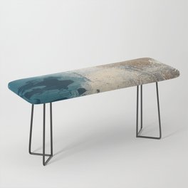 Embrace: a minimal, abstract mixed-media piece in blues and gold with a hint of pink Bench