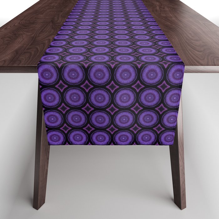 Modern, abstract circular galaxy pattern in purple, lavender, lilac, smoky grey and sprinkles of white lilac Table Runner