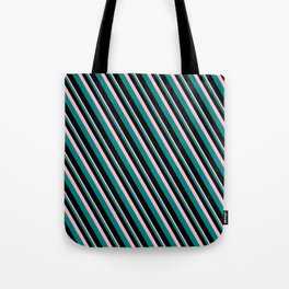 [ Thumbnail: Pink, Teal, and Black Colored Lined/Striped Pattern Tote Bag ]