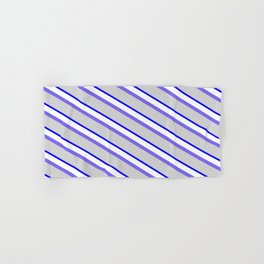 [ Thumbnail: Medium Slate Blue, Light Grey, Blue & White Colored Striped/Lined Pattern Hand & Bath Towel ]