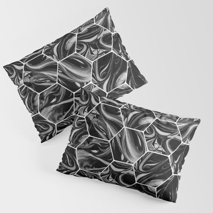 Hex & Swirl - Black and White Marble Pattern Pillow Sham