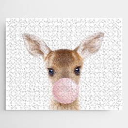 Baby Deer Blowing Bubble Gum, Pink Nursery, Baby Animals Art Print by Synplus Jigsaw Puzzle