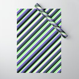[ Thumbnail: Colorful Beige, Slate Blue, Dark Slate Gray, Black & Green Colored Lined/Striped Pattern Wrapping Paper ]