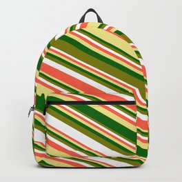 [ Thumbnail: Eyecatching Green, White, Red, Tan & Dark Green Colored Striped/Lined Pattern Backpack ]
