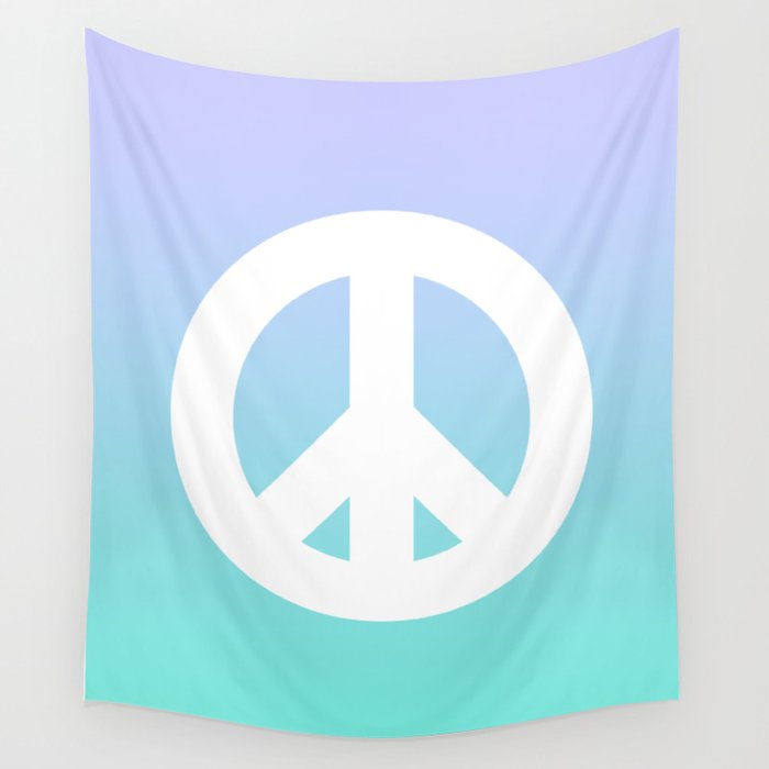 Periwinkle Turquoise Gradient White Peace Symbol Wall Tapestry