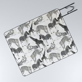 Stylish Black and White Jungle Animals Pattern Picnic Blanket