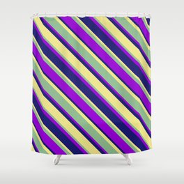 [ Thumbnail: Dark Sea Green, Dark Violet, Midnight Blue, and Tan Colored Lines Pattern Shower Curtain ]
