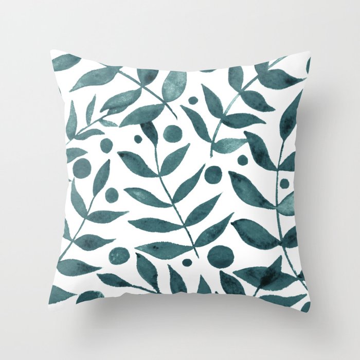 Watercolor berries and branches - teal grey Throw Pillow