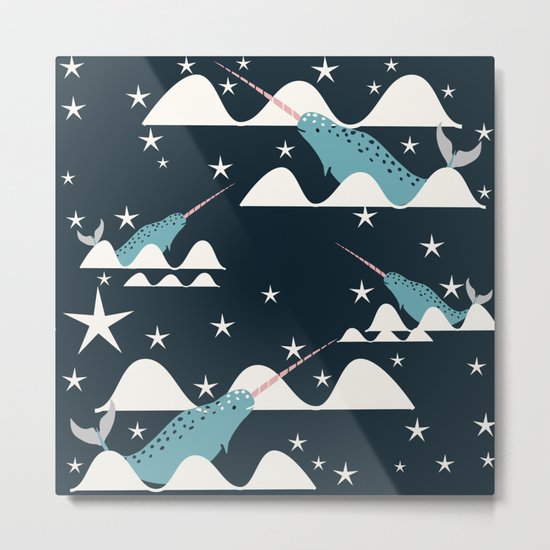 narwhal in ocean blue Metal Print