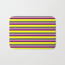 [ Thumbnail: Tan, Deep Pink, Indigo, Yellow, and Dim Gray Colored Striped Pattern Bath Mat ]