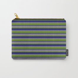 [ Thumbnail: Midnight Blue, Grey & Green Colored Lines/Stripes Pattern Carry-All Pouch ]