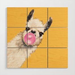 Bubble Gum Sneaky Llama in Yellow Wood Wall Art