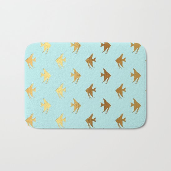 Gold Metal Foil Fish Pattern-Golden Fishes on Aqua Bath Mat
