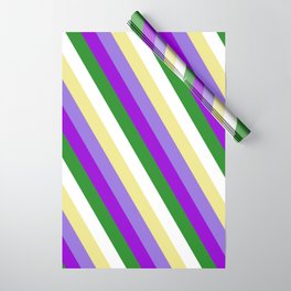 [ Thumbnail: Colorful Tan, Purple, Dark Violet, Forest Green, and White Colored Stripes/Lines Pattern Wrapping Paper ]