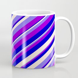 [ Thumbnail: Beige, Medium Slate Blue, Dark Violet & Blue Colored Stripes Pattern Coffee Mug ]