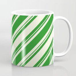[ Thumbnail: Forest Green and Beige Colored Lined/Striped Pattern Coffee Mug ]