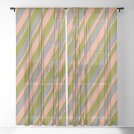[ Thumbnail: Grey, Dark Salmon & Green Colored Stripes/Lines Pattern Sheer Curtain ]