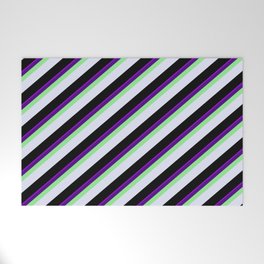 [ Thumbnail: Eyecatching Dark Violet, Indigo, Light Green, Lavender & Black Colored Stripes Pattern Welcome Mat ]