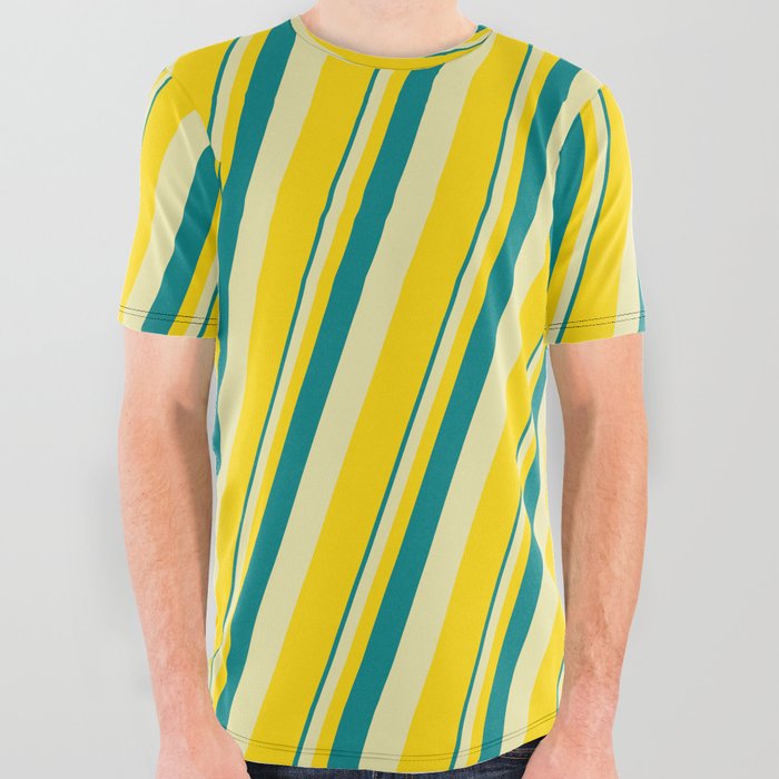 Teal, Pale Goldenrod & Yellow Colored Lines Pattern All Over Graphic Tee
