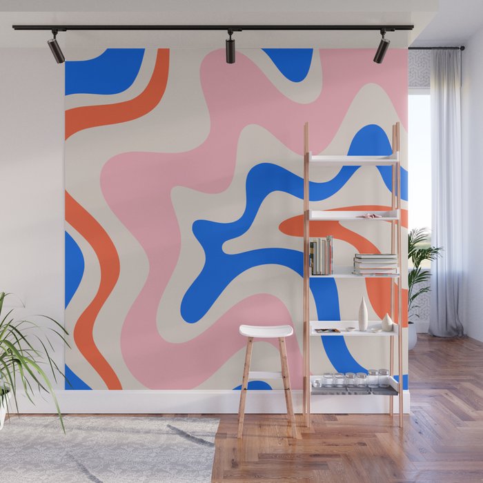 Retro Liquid Swirl Abstract Pattern Square Pink, Orange, and Royal Blue Wall Mural