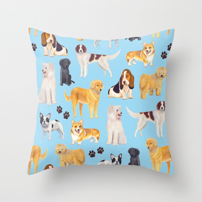 Dogs Pattern (Blue) Throw Pillow