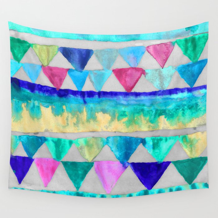 Bright Bunting - fun blue, pink & emerald green painted triangles Wall Tapestry