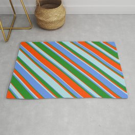 [ Thumbnail: Cornflower Blue, Forest Green, Red, and Powder Blue Colored Lines Pattern Rug ]