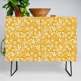 Mustard And White Eastern Floral Pattern Credenza