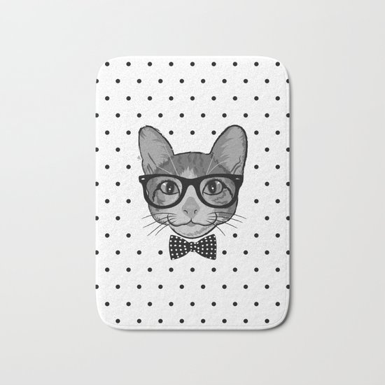 Cat Hipster With Bow Tie - Polka Dots Pattern Bath Mat