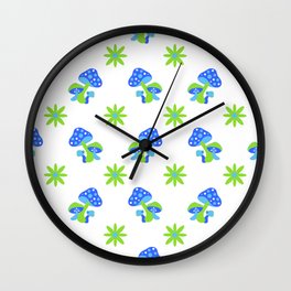 Groovy Blue Mushrooms Pattern Wall Clock