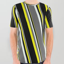 [ Thumbnail: Mint Cream, Dim Gray, Yellow, and Black Colored Stripes Pattern All Over Graphic Tee ]