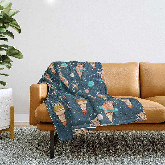 Cats Floating on Ice Cream in Space Throw Blanket