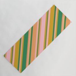 [ Thumbnail: Goldenrod, Sea Green, Brown, and Pink Colored Striped/Lined Pattern Yoga Mat ]
