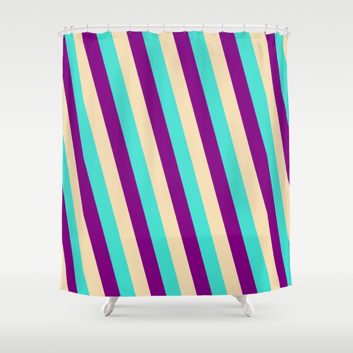 Turquoise, Purple & Tan Colored Stripes/Lines Pattern Shower Curtain