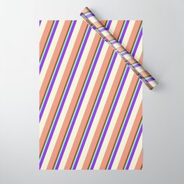[ Thumbnail: Vibrant Brown, Aquamarine, Purple, Beige & Dark Salmon Colored Lined Pattern Wrapping Paper ]